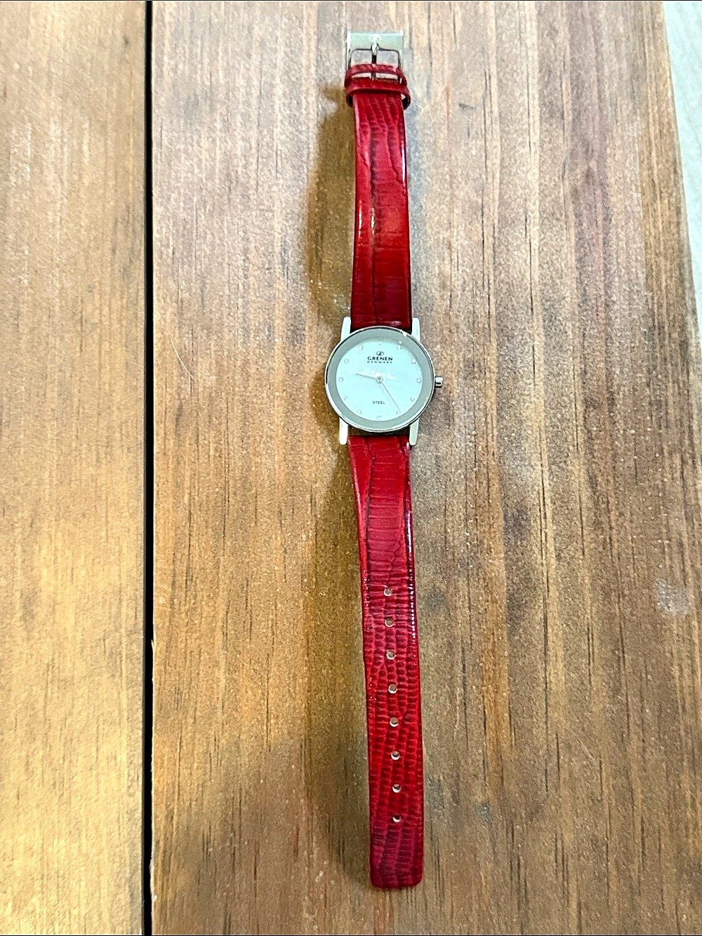 Vintage Grenen Denmakrk Stainless Steel Genuine Leather Red Silver Jewel Watch